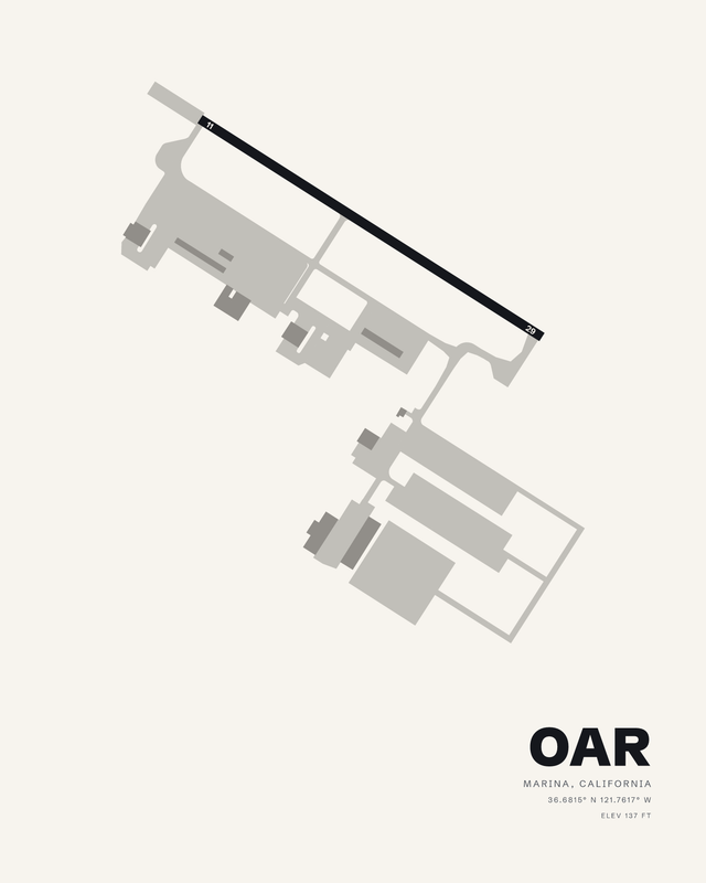 White colorway airport map print of OAR, Marina Municipal, runway 11/29 as one dark diagonal across a soft off white sheet.