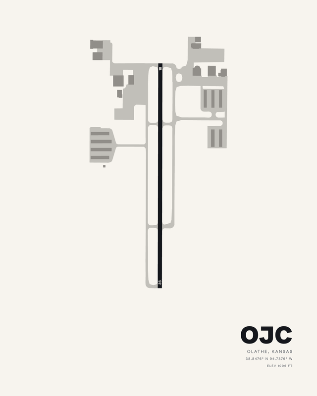 Johnson County Executive Airport (OJC) map print in white, runway 18/36 a dark vertical stripe through pale apron shapes.