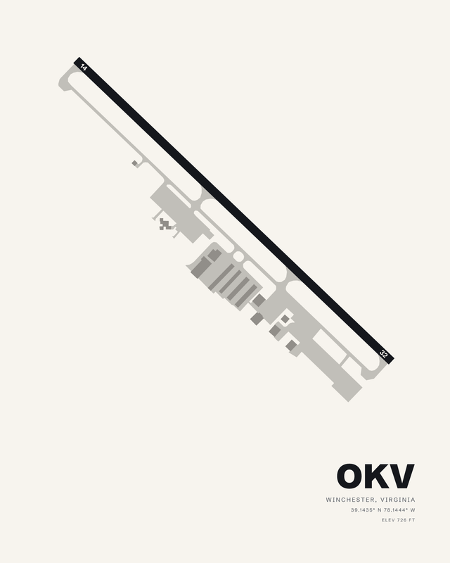 White colorway airport map print of OKV, Winchester Regional, showing single runway 14/32 as a dark diagonal on a warm off white ground.