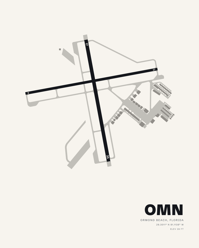 White colorway airport map print of Ormond Beach Municipal (OMN), dark runways 09/27 and 17/35 crossing on a warm white ground.