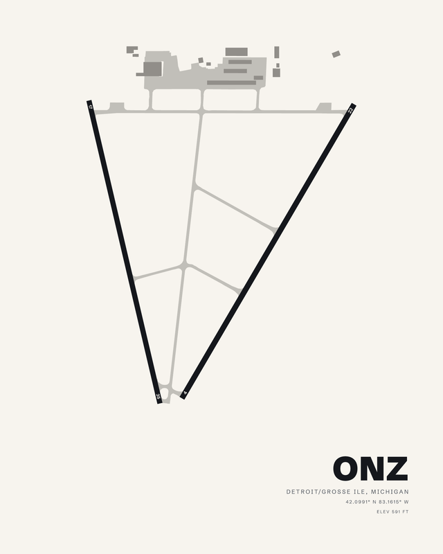 Grosse Ile Municipal (ONZ) airport diagram print on white, two runways forming a narrow V with taxiways between them.