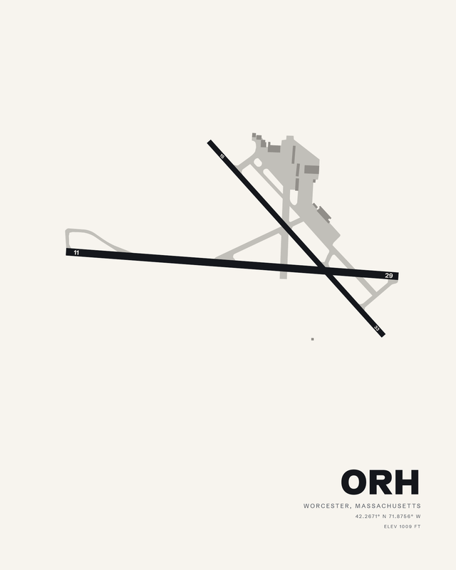 Worcester Regional ORH airport map print on white, runway 11/29 crossed by the 15/33 diagonal.