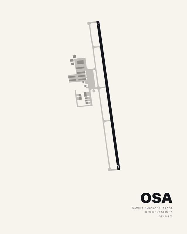 White colorway airport map print of OSA, Mount Pleasant Regional: runway 17/35 as one dark vertical strip with a parallel taxiway.