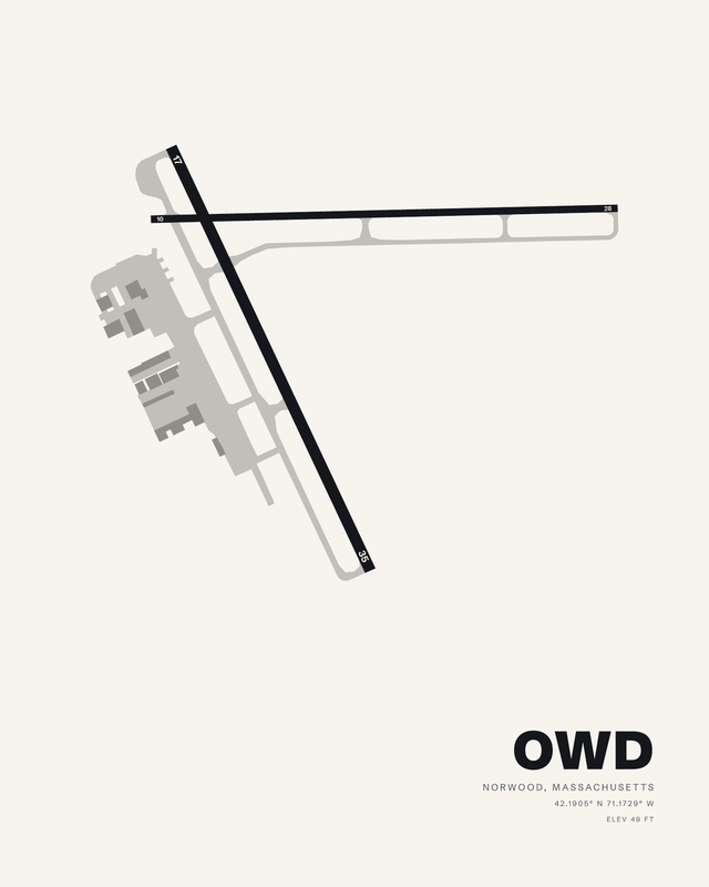 OWD Norwood Memorial airport diagram print in the white colorway, runway 17/35 crossing 10/28, Norwood, Massachusetts.