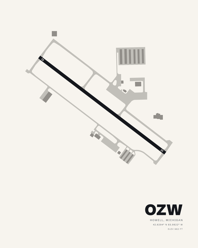 White airport map print of OZW, Livingston County/Spencer J Hardy in Howell, Michigan, showing runway 13/31 as one dark diagonal.