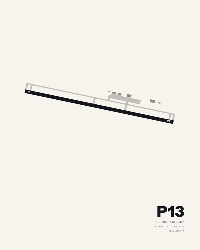 San Carlos Apache P13 airport map print on white, runway 09/27 as one dark diagonal strip with taxiway and apron.