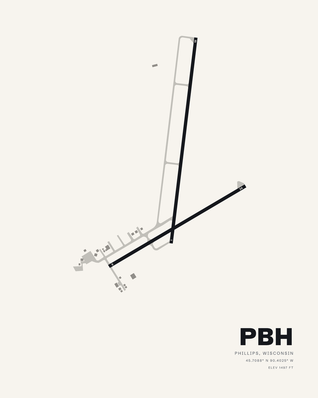 Price County PBH airport diagram in black on white, runway 01/19 crossed low by 06/24.