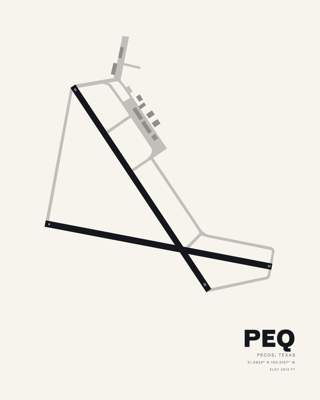 Pecos Municipal PEQ airport map print on white, two black runways crossing low in the frame.