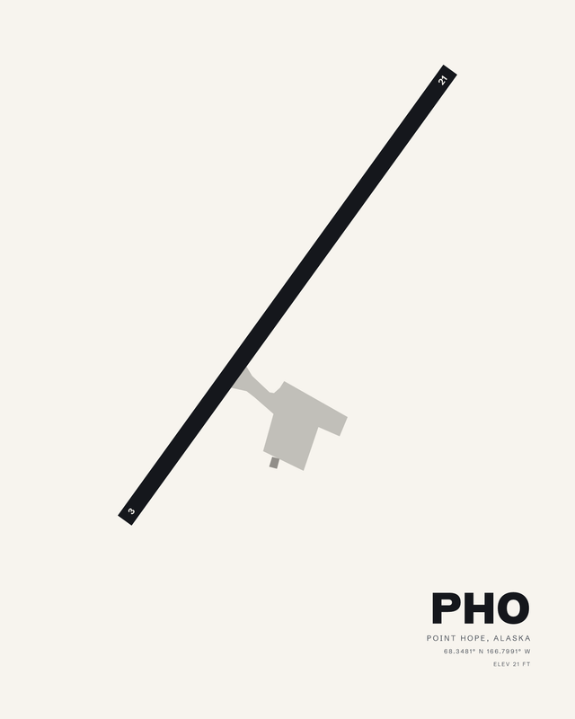 White colorway airport map print of Point Hope (PHO), Alaska, showing single runway 03/21 as one diagonal strip.