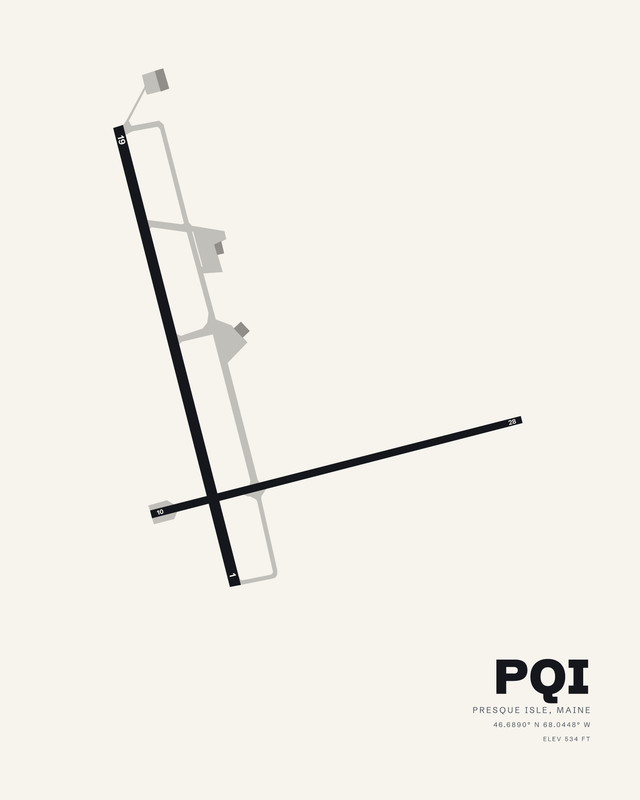 PQI Presque Isle International airport map print on white, runway 01/19 crossed by 10/28.