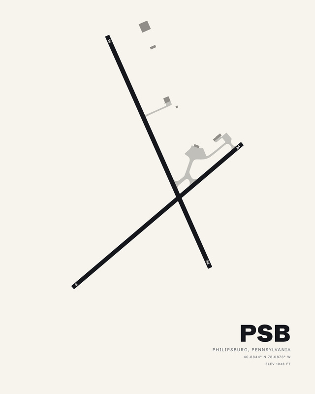 Mid-State PSB airport map print on a white background, two runways crossing in an X with the apron between them.