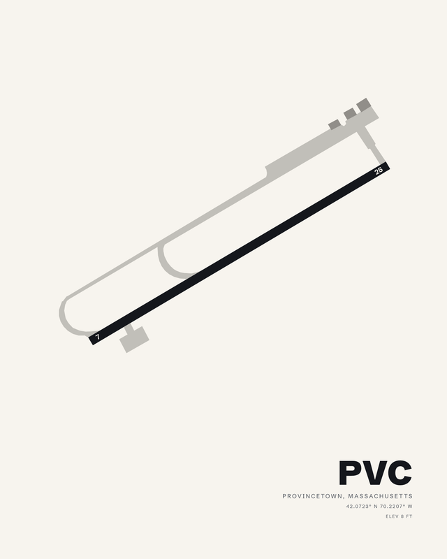 Provincetown Municipal PVC airport map print in the white colorway, runway 07/25 a dark diagonal band with a parallel taxiway.