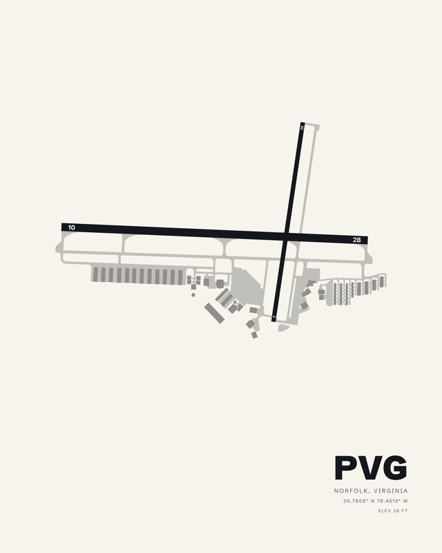 White airport map print of Hampton Roads Executive (PVG), Norfolk, Virginia, runways 10/28 and 02/20 crossing in black.