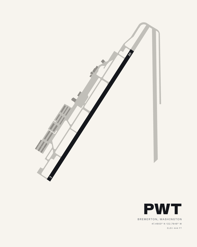 Bremerton National PWT airport map print in the white colorway, single runway 02/20 on a long diagonal with taxiways and parking rows.