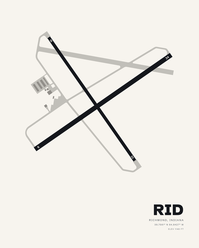 White airport map print of Richmond Municipal (RID), runways 6/24 and 15/33 crossing in a dark X.