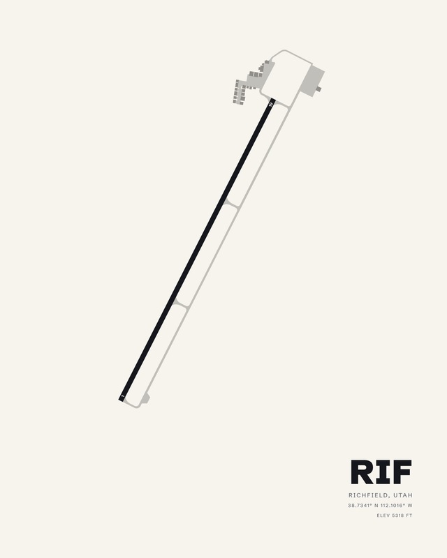 Richfield Municipal RIF airport map print in white, runway 01/19 drawn as a dark diagonal strip.