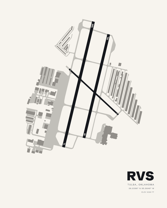 White colorway airport map print of Tulsa Riverside (RVS), two parallel runways crossed by a short diagonal strip in dark ink.