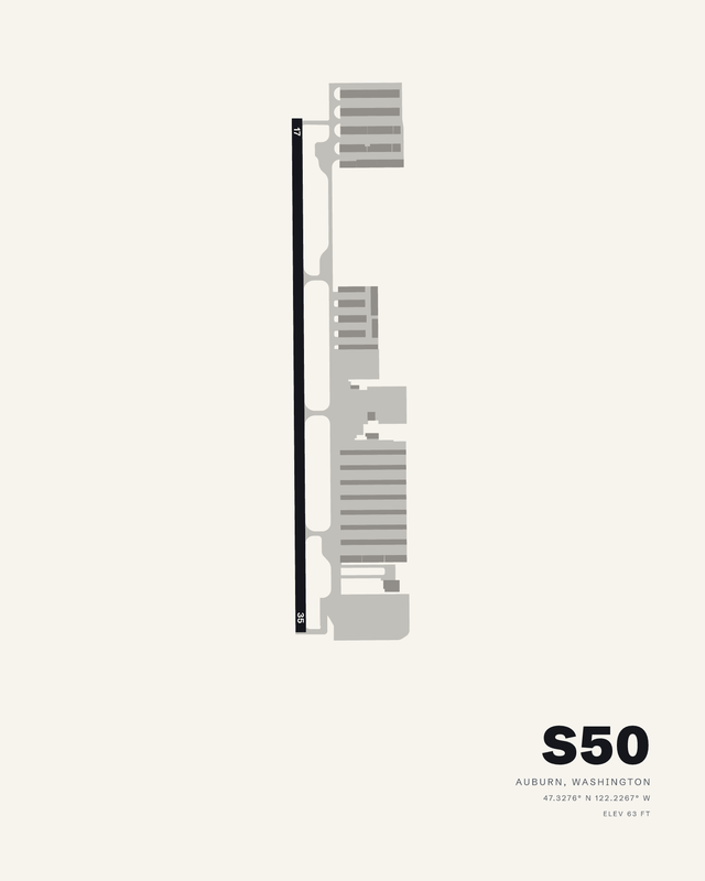Auburn Municipal S50 airport map print on white, single runway 17/35 running vertically with hangar rows east.