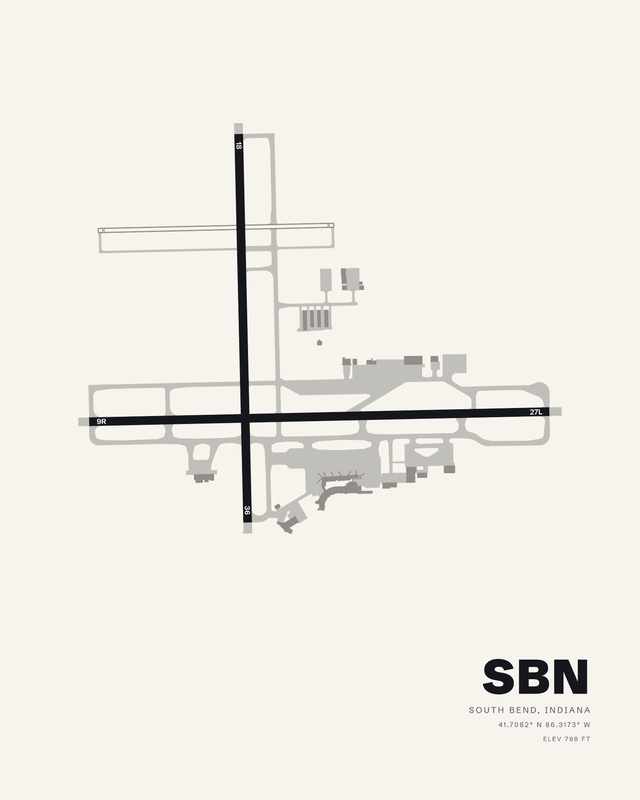 White airport map print of South Bend International (SBN) showing runway 09R/27L crossed by 18/36, South Bend, Indiana.