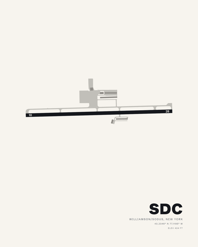 White airport map print of SDC, Williamson/Sodus, New York, showing runway 10/28 as a single dark strip.
