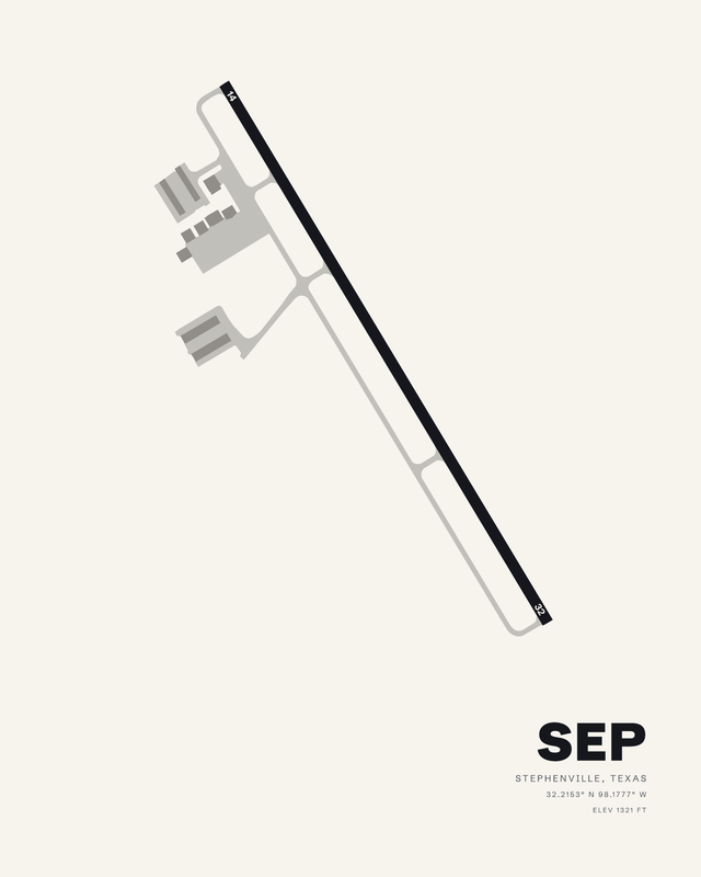 White airport map print of SEP, Stephenville Clark Regional, single diagonal runway 14/32 in dark ink.