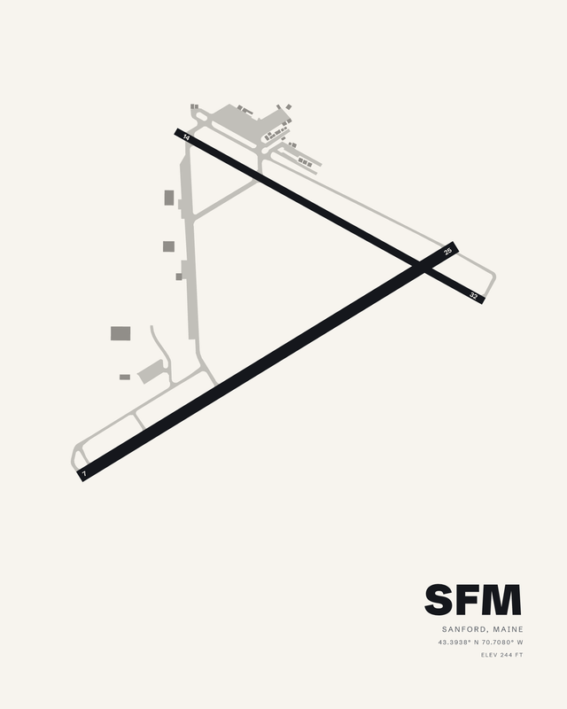 SFM Sanford Seacoast Regional airport map print in the white colorway, two dark crossing runways on a soft off-white ground.