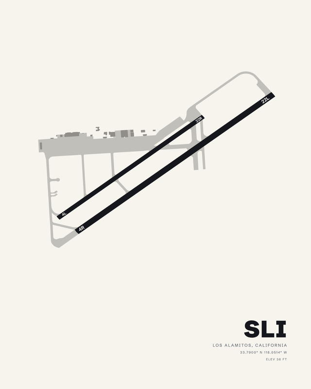 Los Alamitos AAF (SLI) airport map print in white, two parallel runways on a southwest to northeast diagonal.
