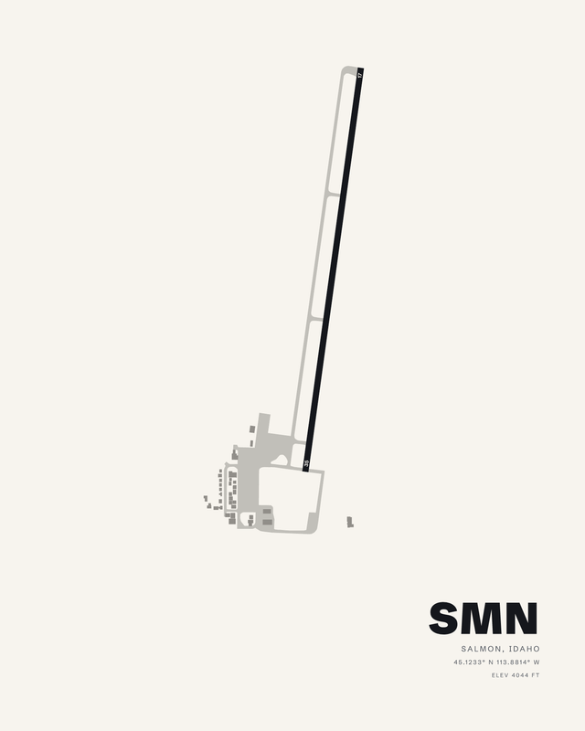 White airport map print of Lemhi County Airport SMN, Salmon, Idaho, single runway 17/35 in dark ink.