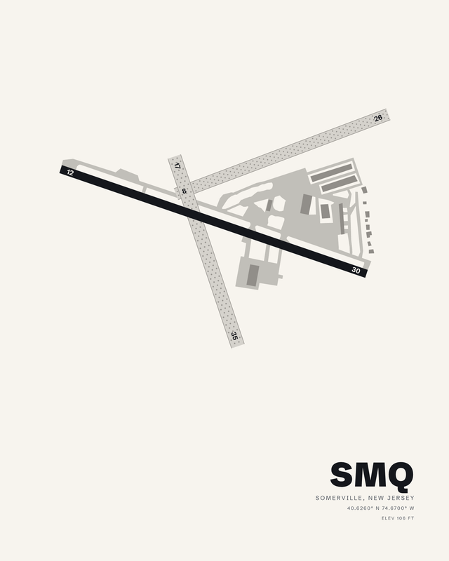 Somerset SMQ airport diagram in the white colorway, three runways crossing with a dark 2,739 foot strip through two pale turf strips.