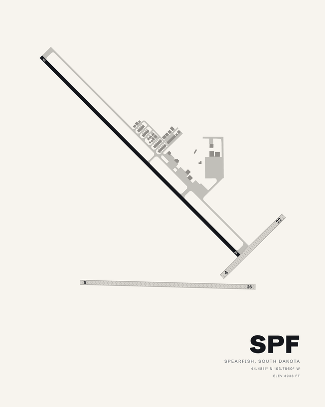 Black Hills-Clyde Ice Field SPF airport map print in white, runway 13/31 crossing the sheet as a dark diagonal.