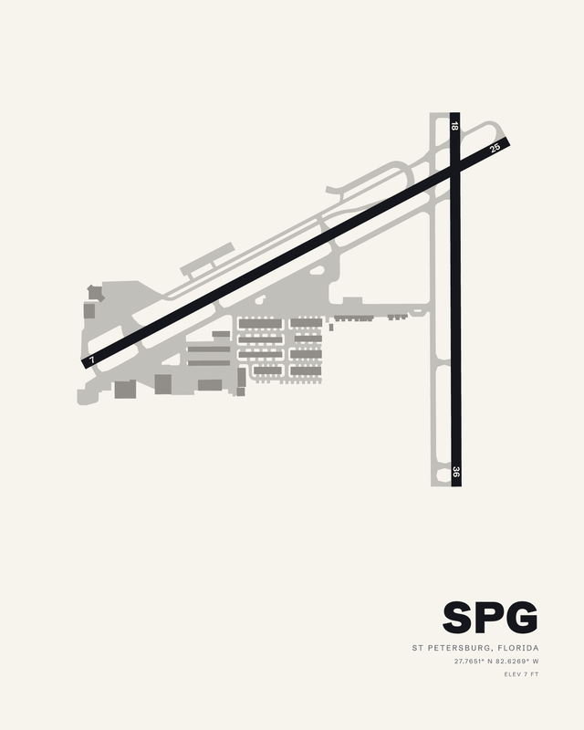 Albert Whitted SPG airport map print on white, runway 07/25 crossing runway 18/36 in dark ink.