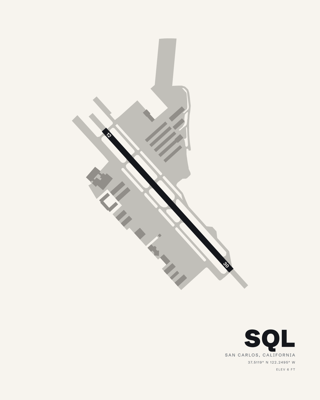 San Carlos SQL airport map print in white, runway 12/30 running as one black diagonal.