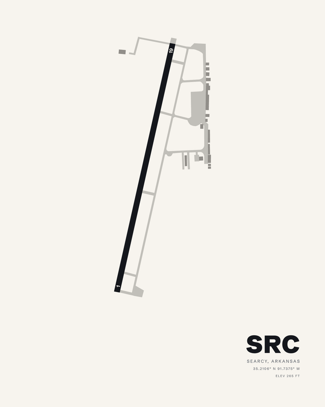 White colorway airport map print of Searcy Regional (SRC), single runway 1/19 drawn as one dark strip with taxiway and aprons.
