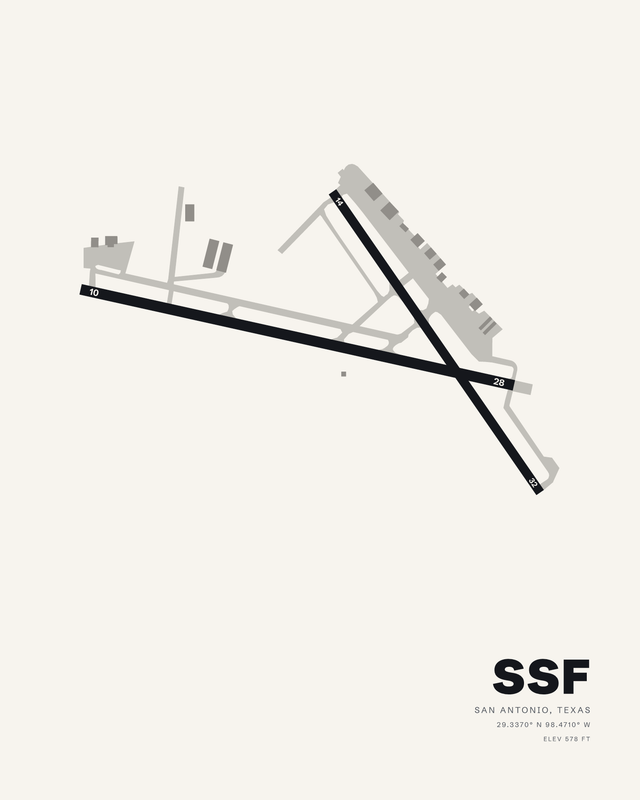 White airport map print of Stinson Municipal SSF, San Antonio, Texas, with crossing runways 10/28 and 14/32 in black.