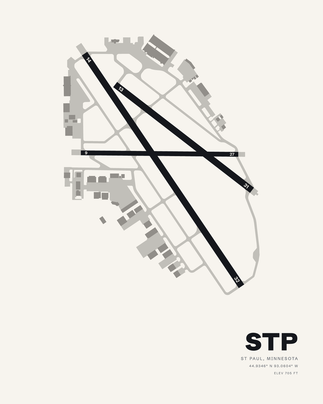 St. Paul Downtown Holman Field (STP) airport diagram print on white, runways 14/32, 13/31 and 09/27 in dark ink over pale taxiways.