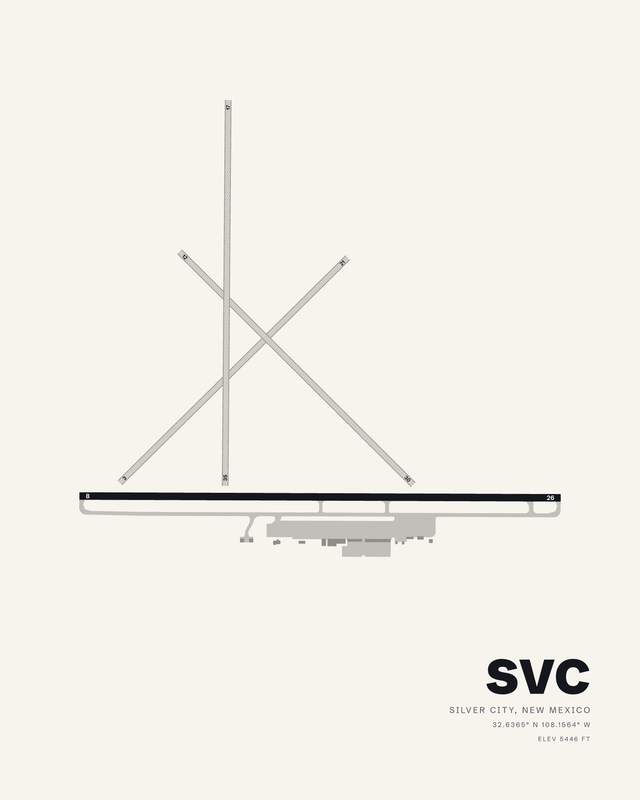 White airport map print of Grant County (SVC), Silver City, New Mexico, four runways in charcoal on warm white.