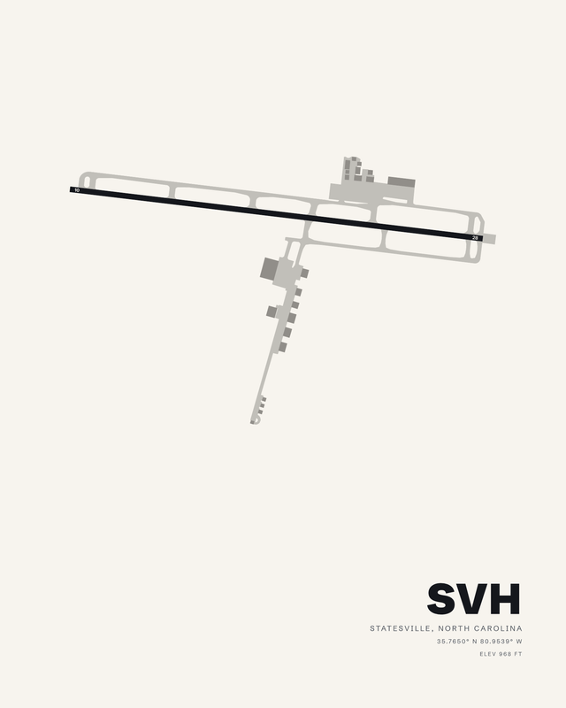 White airport map print of Statesville Regional (SVH) showing single runway 10/28 and its taxiway system.