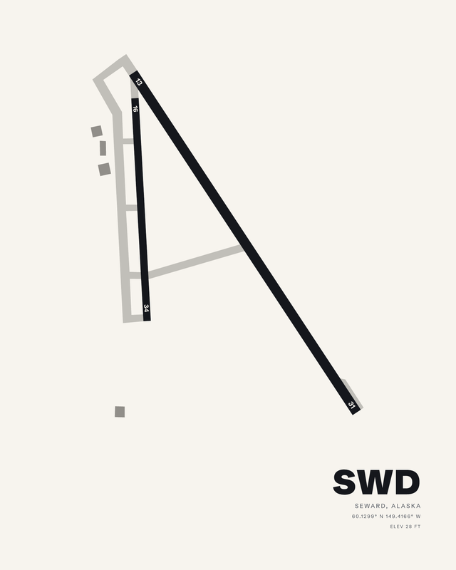 Seward SWD airport map print on a clean white ground, runways 13/31 and 16/34 in dark ink.