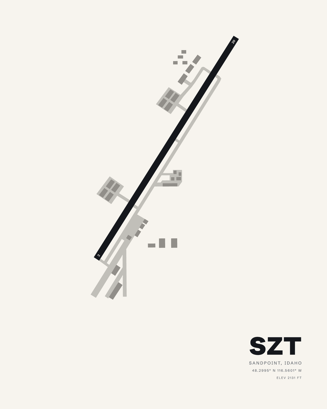 White map print of Sandpoint Airport SZT, single runway 02/20 as a dark diagonal strip.