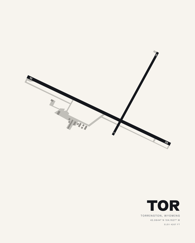 White colorway of the Torrington Municipal (TOR) airport map print, runway 10/28 crossed by runway 02/20.