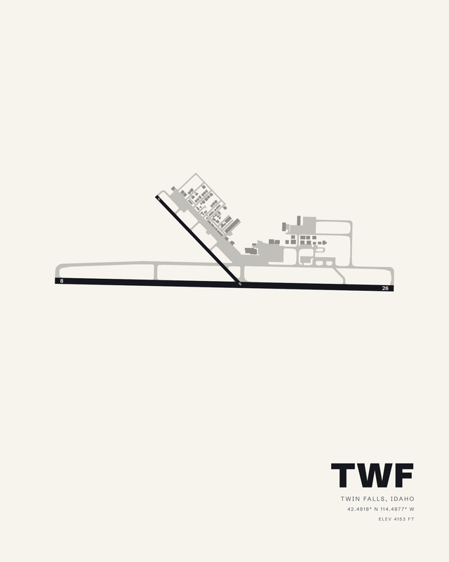 White airport map print of Joslin Field/Magic Valley Regional (TWF), Twin Falls, Idaho, with runway 08/26 running the width of the frame.