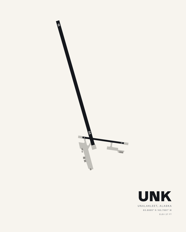 Unalakleet Airport (UNK) diagram in the white colorway, long runway 15/33 with short runway 9/27 crossing it.