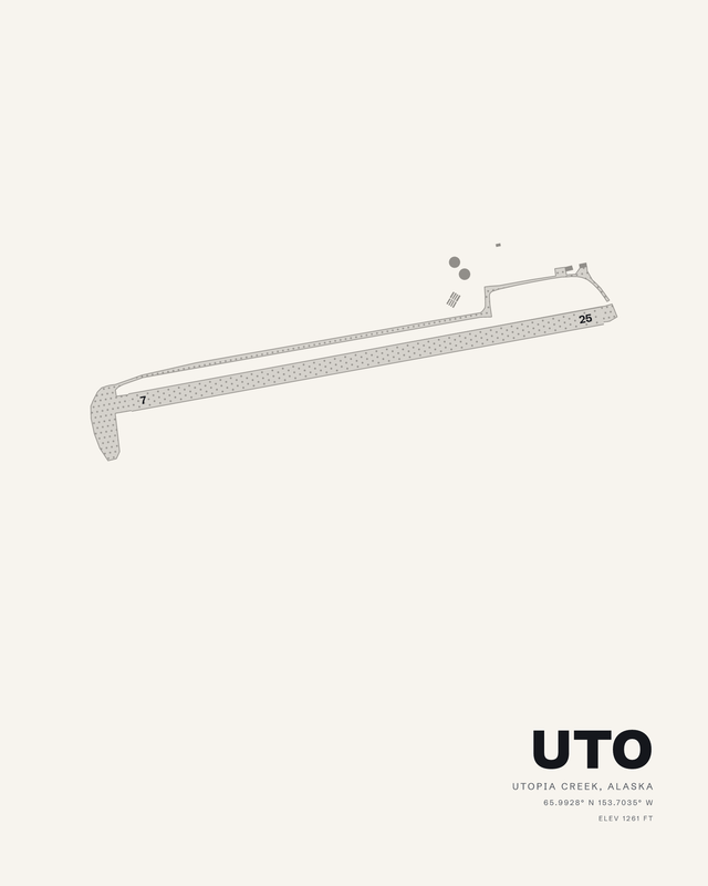 UTO Indian Mountain Lrrs airport map print on a white background, single gravel runway 07/25 as a shallow diagonal with a thin taxiway alongside.