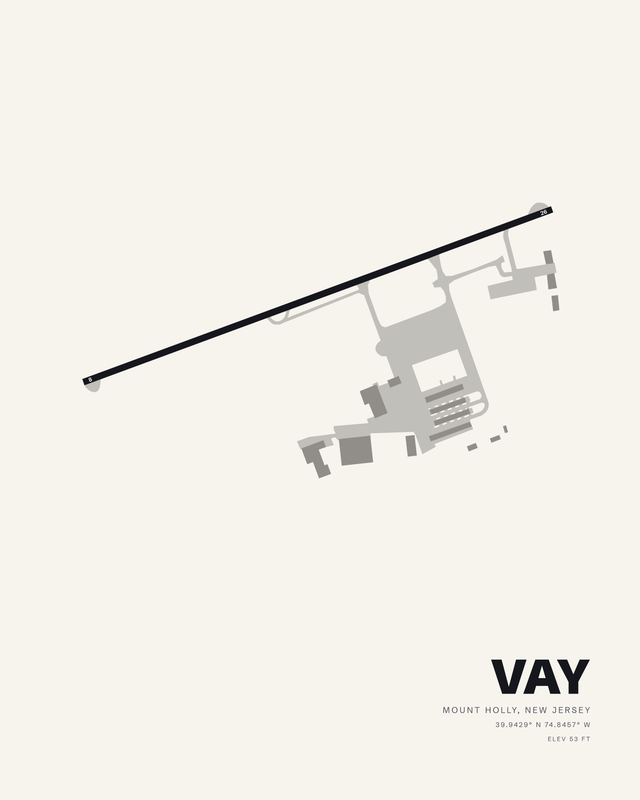 White airport map print of South Jersey Regional VAY, single diagonal runway 08/26 with apron and hangars.