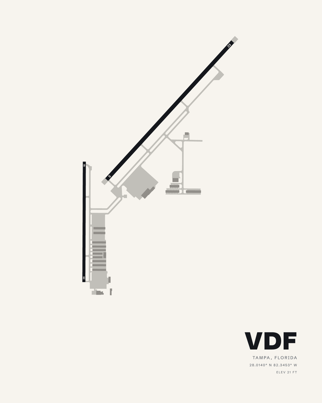 Tampa Executive (VDF) airport map print on a white background, with runway 05/23 on a long diagonal and runway 18/36 vertical at the left.
