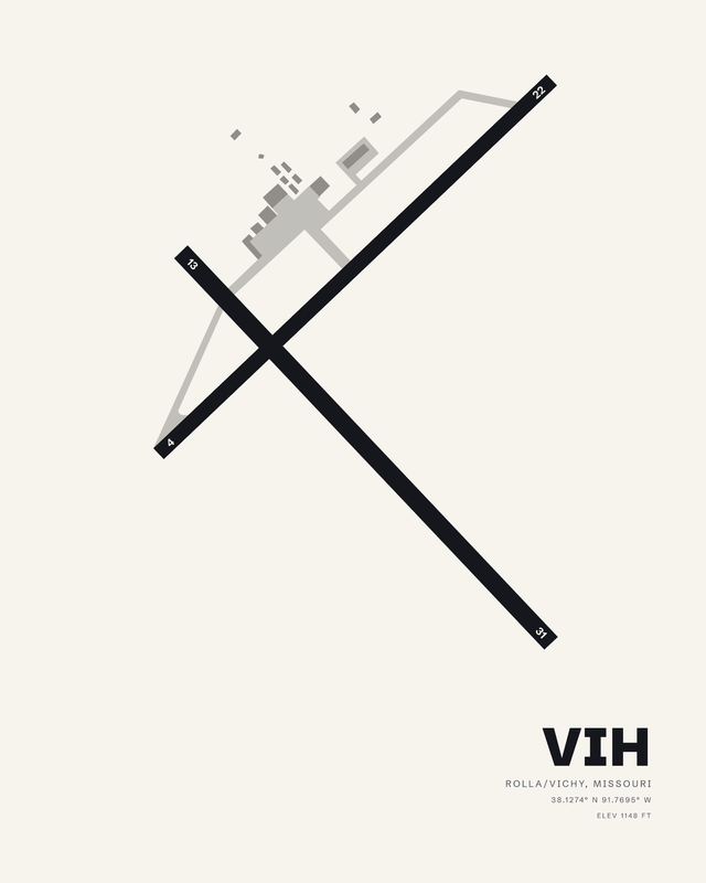 White airport map print of Rolla National (VIH), Rolla/Vichy, Missouri, two crossing runways in dark ink.