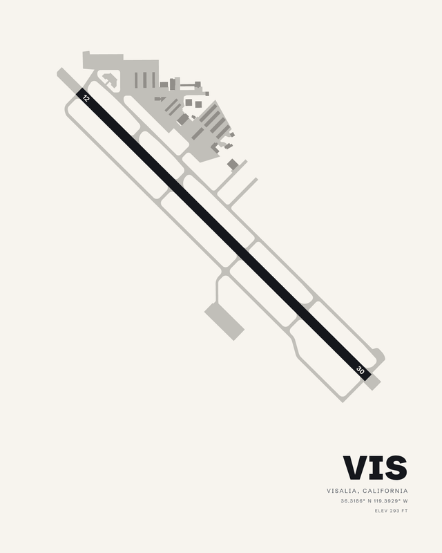White colorway airport map print of Visalia Municipal (VIS), single runway 12/30 in black on a pale ground.