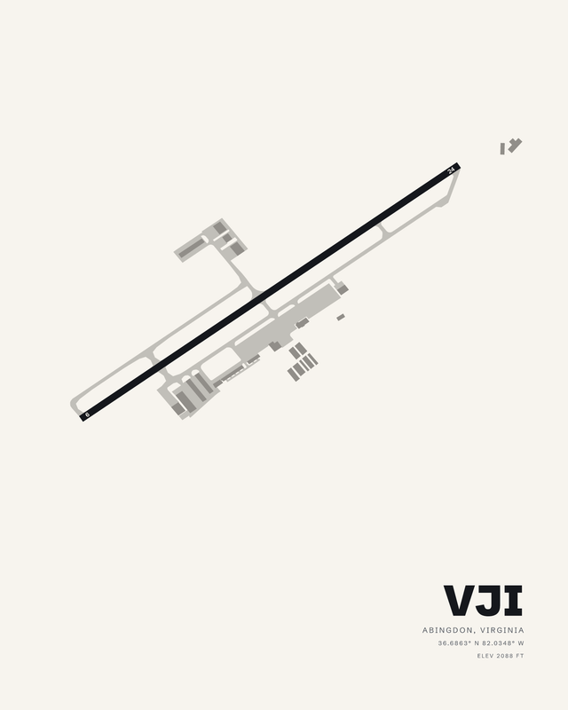 Virginia Highlands VJI airport map print on white, single runway 6/24 on a clean diagonal.
