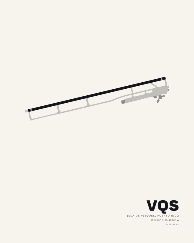 VQS airport map print in the white colorway, black runway 9/27 on a warm off white sheet, Isla de Vieques, Puerto Rico.
