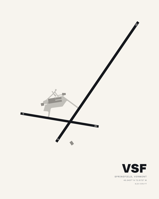 White colorway airport map print of VSF, Hartness State (Springfield), two black runways crossing in a lopsided X.